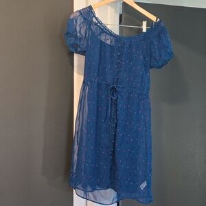 American Eagle navy blue and rainbow polka dot chiffon baby doll lined dress